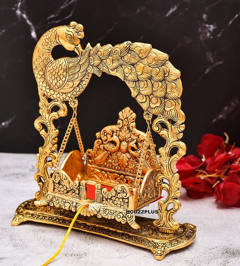 HOUZZPLUS Metal Swing Laddu Gopal JhulaKrishna Hindola PalanaDecorative Laddu Gopal For Temple PoojaShowpiece FigurinesReligious Idol Gift Article 21 Centimeters 25 CM Golden - Image 1
