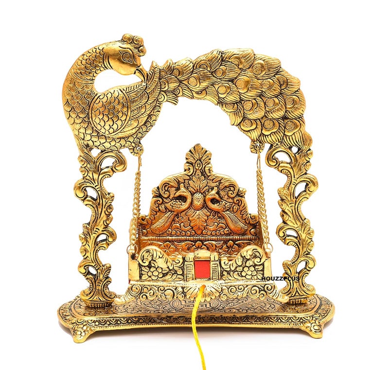 HOUZZPLUS Metal Swing Laddu Gopal JhulaKrishna Hindola PalanaDecorative Laddu Gopal For Temple PoojaShowpiece FigurinesReligious Idol Gift Article 21 Centimeters 25 CM Golden - Image 5