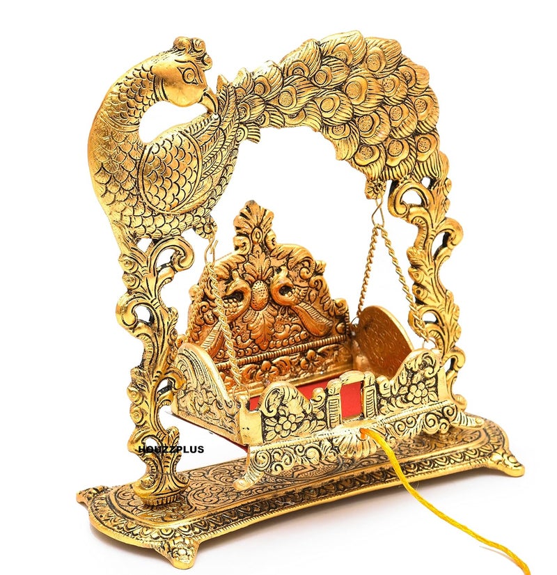 HOUZZPLUS Metal Swing Laddu Gopal JhulaKrishna Hindola PalanaDecorative Laddu Gopal For Temple PoojaShowpiece FigurinesReligious Idol Gift Article 21 Centimeters 25 CM Golden - Image 2