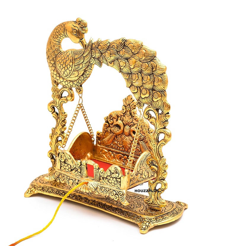HOUZZPLUS Metal Swing Laddu Gopal JhulaKrishna Hindola PalanaDecorative Laddu Gopal For Temple PoojaShowpiece FigurinesReligious Idol Gift Article 21 Centimeters 25 CM Golden - Image 3