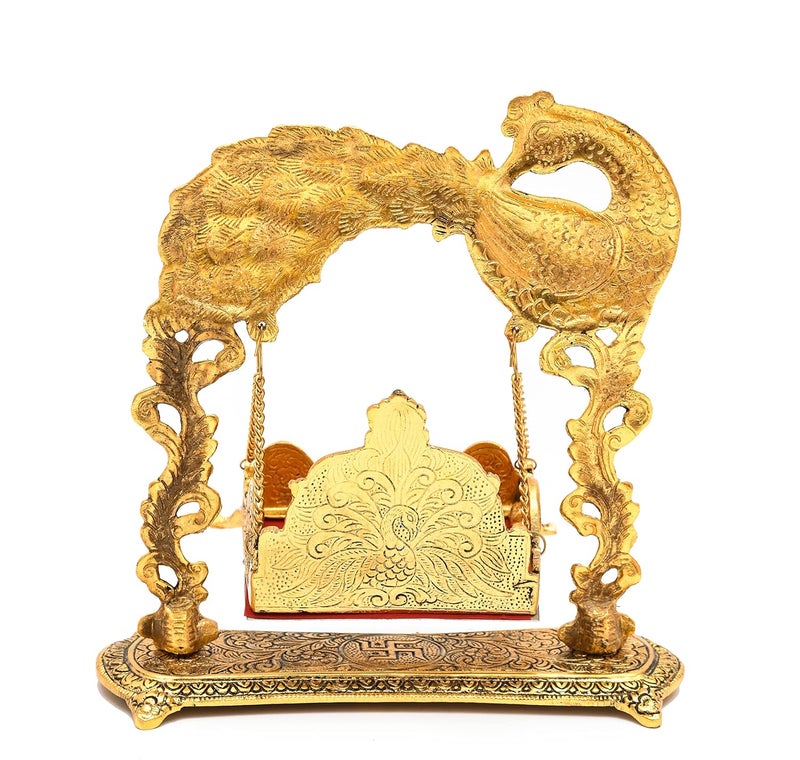 HOUZZPLUS Metal Swing Laddu Gopal JhulaKrishna Hindola PalanaDecorative Laddu Gopal For Temple PoojaShowpiece FigurinesReligious Idol Gift Article 21 Centimeters 25 CM Golden - Image 4