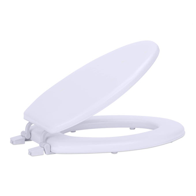 SOFT ELONGATED VINYL TOILET SEAT WHITE 19 INCH SOFT VINYL COVER WITH COMFORT FOAM CUSHIONING FITS ALL ELONGATED SIZE FIXTURES EASY TO INSTALL FANTASIA BY HOME DECOR