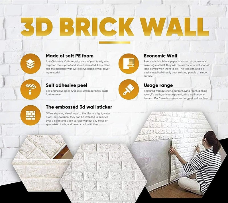 SPECULO 3D White Brick Wallpaper - Self Adhesive PE Foam Brick Design 3D Wall Stickers/DIY Wallpaper for Home Hotel Living Room Bedroom & Café (70 x 77cm, Appx. 5.8Sq Feet) White (Pack of 15) - Image 3