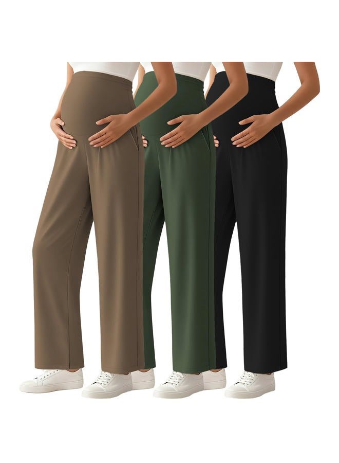 Ecavus 3-Pack Women's Maternity Pants Over Belly Soft Lounge Palazzo Pants Stretch Wide Leg Pregnancy Trousers with Pockets, Black+army Green+brown, XL - Image 1