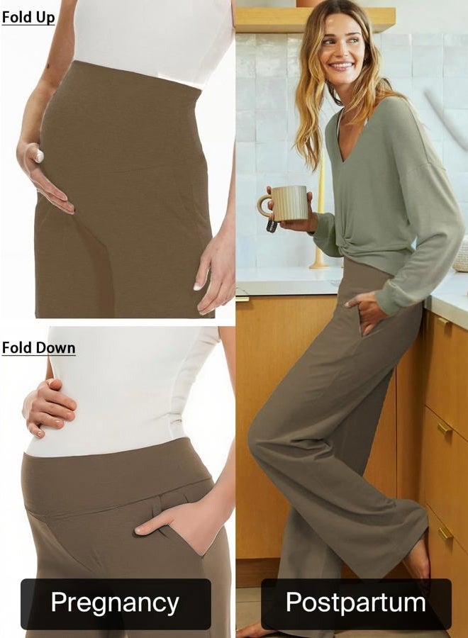 Ecavus 3-Pack Women's Maternity Pants Over Belly Soft Lounge Palazzo Pants Stretch Wide Leg Pregnancy Trousers with Pockets, Black+army Green+brown, XL - Image 3