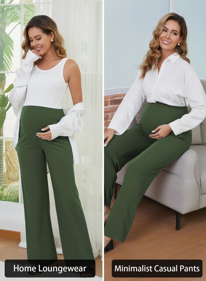 Ecavus 3-Pack Women's Maternity Pants Over Belly Soft Lounge Palazzo Pants Stretch Wide Leg Pregnancy Trousers with Pockets, Black+army Green+brown, XL - Image 5
