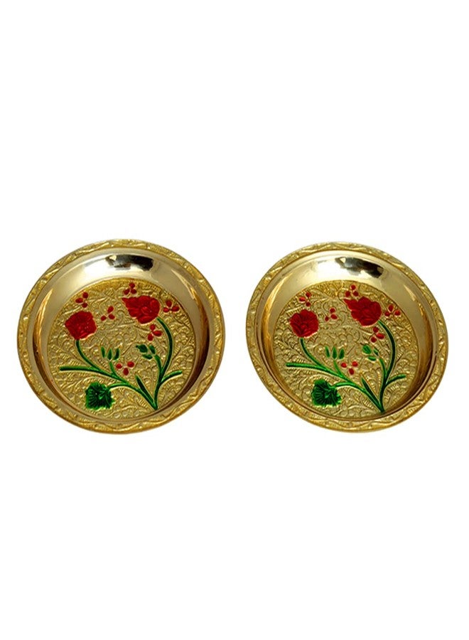 Aditri Creation Set of 2 Small Decorative Brass Minakari work Plate, Decorative Prasad Plate Katori for Pooja Pooja Utensils Item Articles for Indian Traditional Pooja Decoration( Size:-2.5" Diameter)(Golden) - Image 2