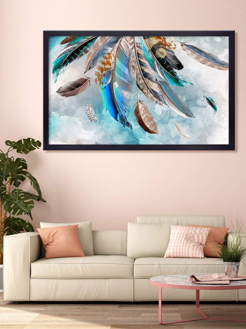 999STORE Printed Multiple Different Colorful Feathers Painting Wall Art with Black Frame (Canvas_18X30 Inches_Multi) BLFLP18300127 - Image 1