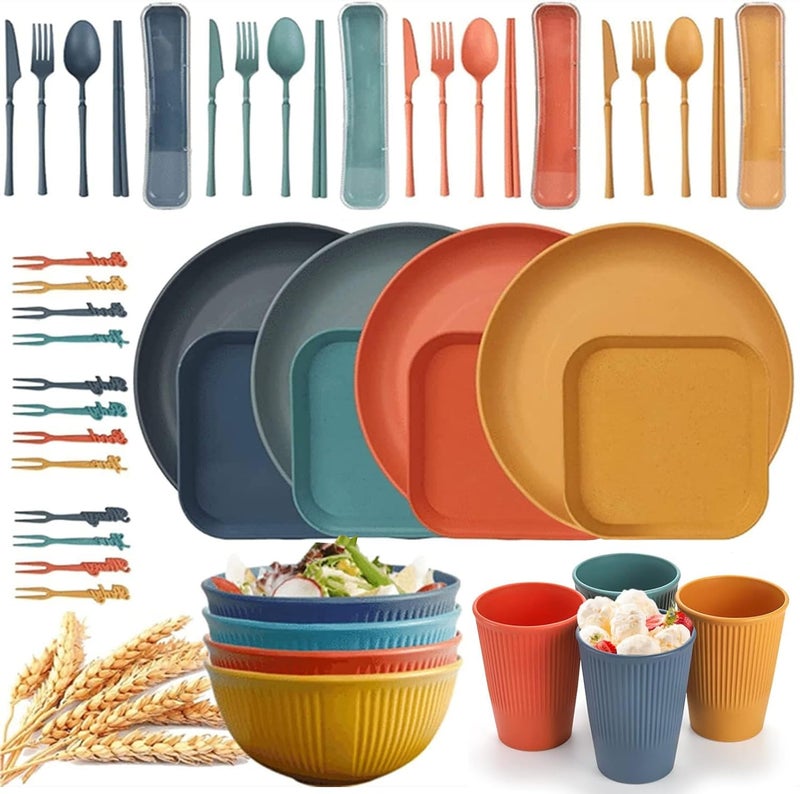 48Pcs Unbreakable Dinnerware Sets Plastic Plates and Bowls Sets with Cups Cutlery Lightweight Reusable Party Dinner Plate Cutlery Set Picnic Camping Dinner PP Sets for Kitchen Outdoor Party BBQ