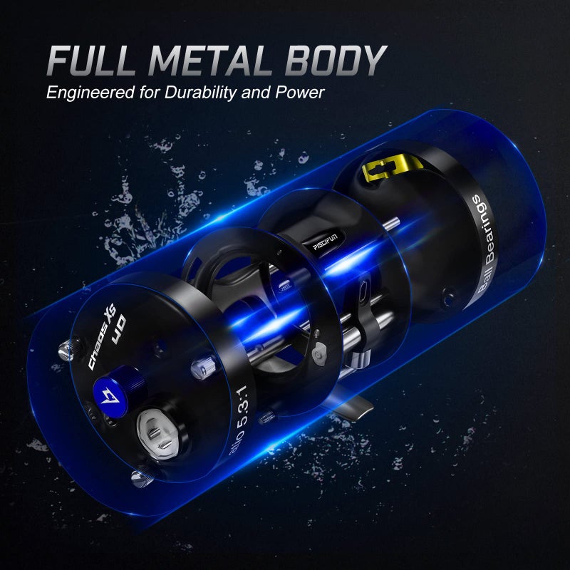 Piscifun Chaos XS Baitcasting Fishing Reel, Reinforced Metal Body Round Baitcaster Reel, Smooth Powerful Saltwater Inshore Surf Trolling Reel, Conventional Reel for Catfish (60 Right Handed) - Image 2