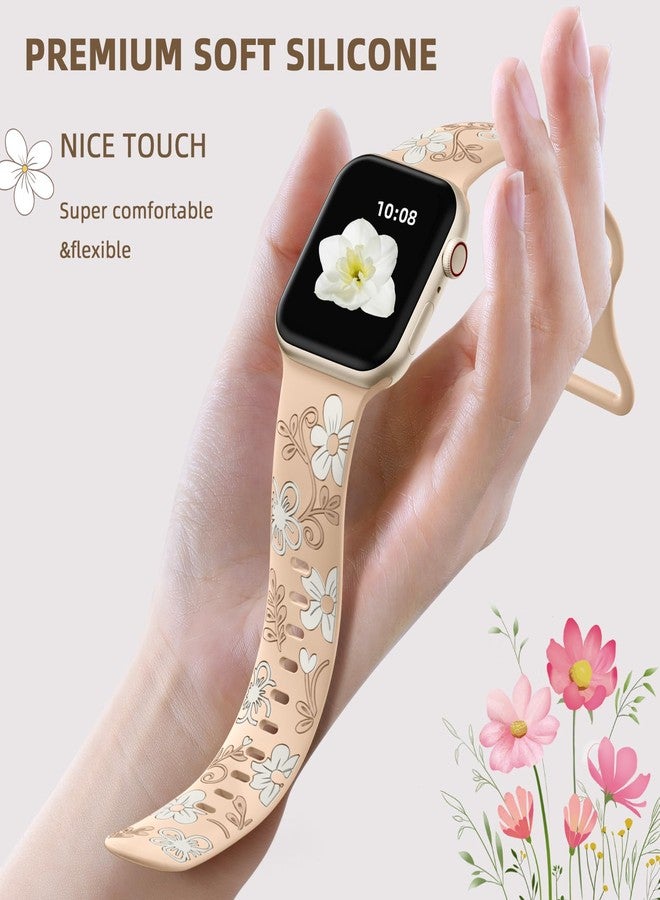 Witzon Floral Band Compatible with Apple Watch Bands For Women 40mm 41mm 38mm 42mm 44mm 45mm 46mm 49mm, Engraved Cute Flower Silicone Inlay Dressy Strap for iWatch Series 10 9 8 7 6 5 4 3 2 SE Ultra - Image 4