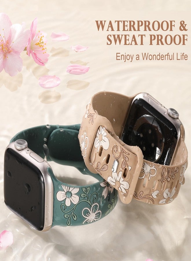 Witzon Floral Band Compatible with Apple Watch Bands For Women 40mm 41mm 38mm 42mm 44mm 45mm 46mm 49mm, Engraved Cute Flower Silicone Inlay Dressy Strap for iWatch Series 10 9 8 7 6 5 4 3 2 SE Ultra - Image 3