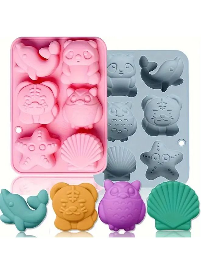 2pcs Pink And Grey 6 Cavity Silicone Mold With Owl Dolphin Seashell Designs - Image 1