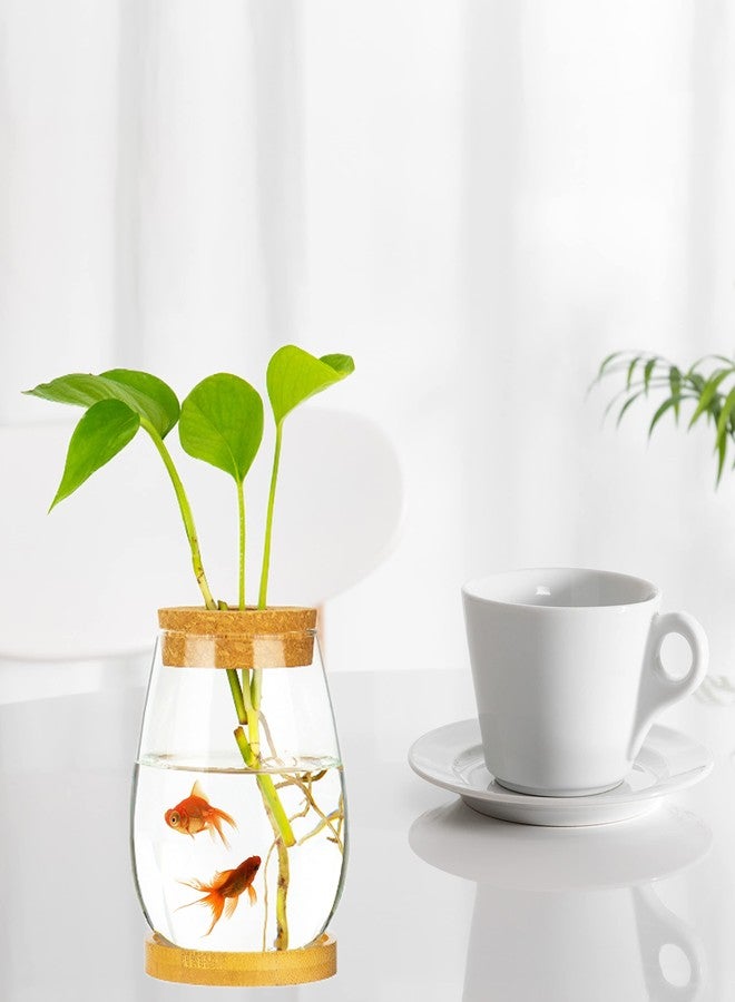CUSNESTAL Desktop Fish Bowl Clear Glass Small Fish Tank with Wood Lid and Bamboo Stand for Betta Fish Plants Terrarium Home Office Decoration Gifts - Image 3