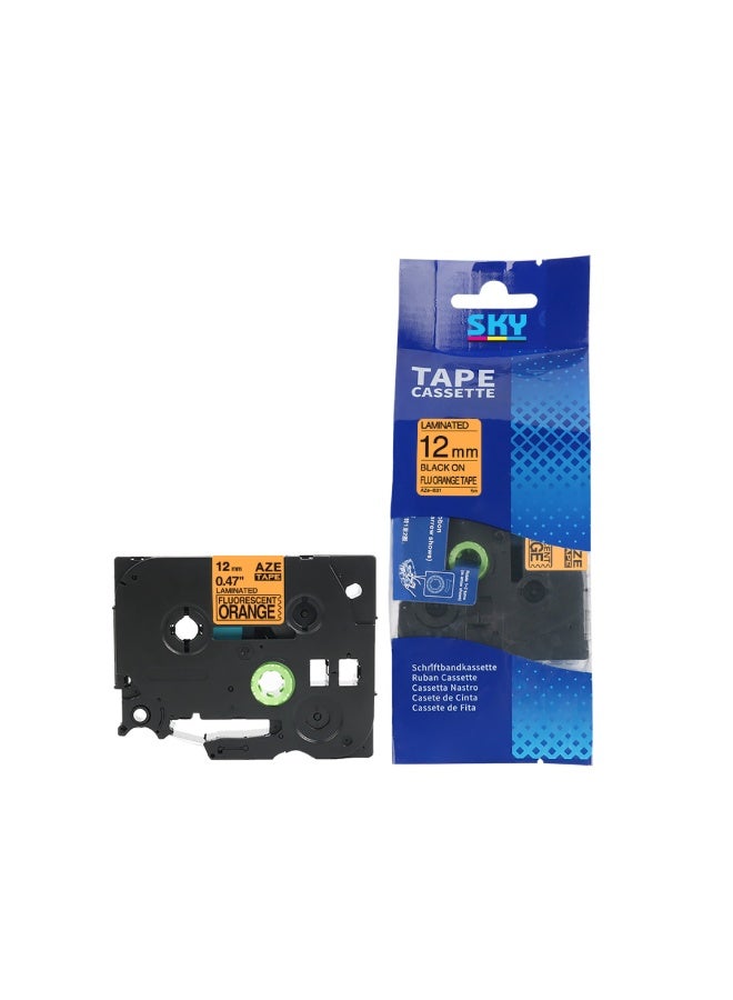 12 mm x 8 meter Black on Orange AZE Label Tape Cartridge for P-Touch Label Printers