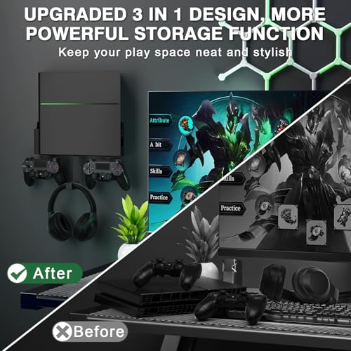 nymus Wall Mount for PS4, Stealth Wall Mount for PS4 Original (Old Model), with Detachable 2 Controller Holder & Headphone Hanger, Mount on The Wall or on The Back of The TV - Image 3