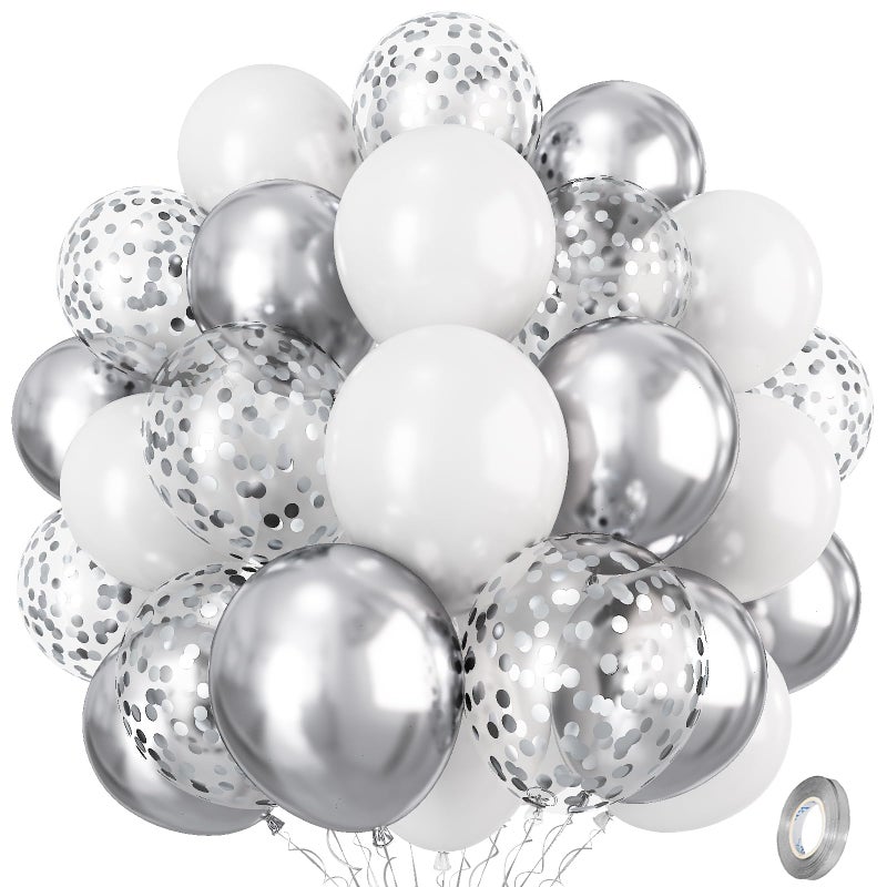 Isndare Silver and White Balloons 12 Inch Metallic Silver White Latex Balloons Set Decor with Silver Confetti Helium Balloons for Boys Girls Birthday Party Baby Shower Wedding Graduation Party Decorations - Image 3