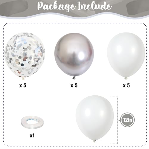 Isndare Silver and White Balloons 12 Inch Metallic Silver White Latex Balloons Set Decor with Silver Confetti Helium Balloons for Boys Girls Birthday Party Baby Shower Wedding Graduation Party Decorations - Image 5