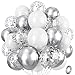 Isndare Silver and White Balloons 12 Inch Metallic Silver White Latex Balloons Set Decor with Silver Confetti Helium Balloons for Boys Girls Birthday Party Baby Shower Wedding Graduation Party Decorations - Image 2
