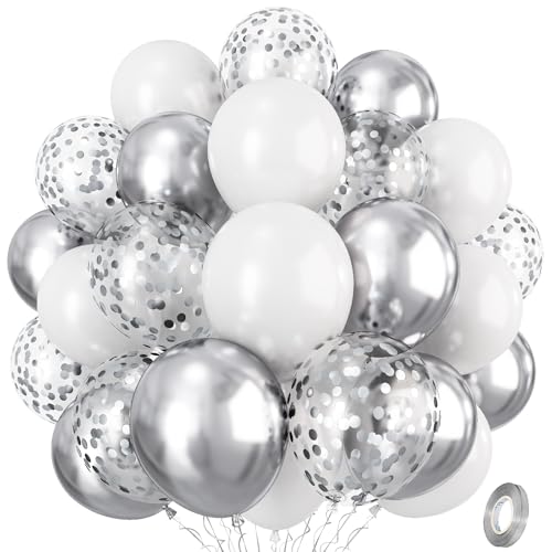 Isndare Silver and White Balloons 12 Inch Metallic Silver White Latex Balloons Set Decor with Silver Confetti Helium Balloons for Boys Girls Birthday Party Baby Shower Wedding Graduation Party Decorations - Image 1
