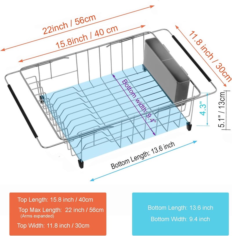 iPEGTOP Expandable Deep & Large Dish Drying Rack, Over The Sink, in Sink Or On Counter Dish Drainer Basket Shelf with Grey Removable Utensil Silverware Holder, Rustproof Stainless Steel - Image 2