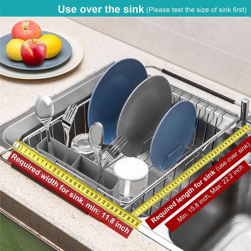 iPEGTOP Expandable Deep & Large Dish Drying Rack, Over The Sink, in Sink Or On Counter Dish Drainer Basket Shelf with Grey Removable Utensil Silverware Holder, Rustproof Stainless Steel - Image 4