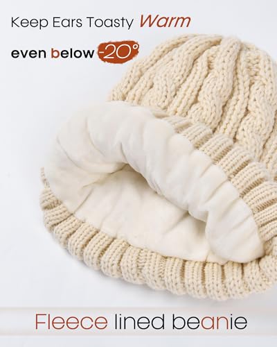 FURTALK Winter Beanie Knit Hat for Women Warm Fleece Lined with Faux Fur Pom Poms Womens Thick Ski Hats Knitted Skull Cap Beige - Image 3