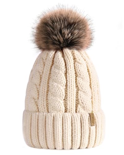 FURTALK Winter Beanie Knit Hat for Women Warm Fleece Lined with Faux Fur Pom Poms Womens Thick Ski Hats Knitted Skull Cap Beige - Image 1