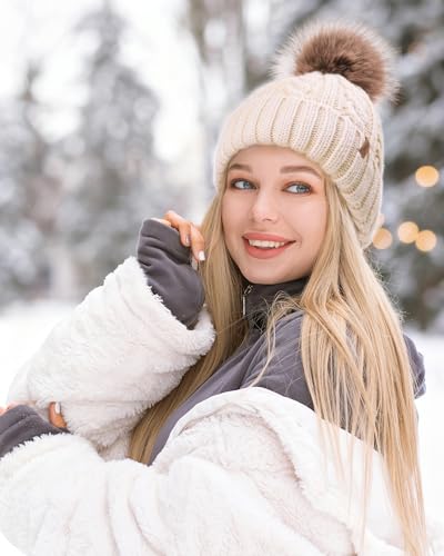 FURTALK Winter Beanie Knit Hat for Women Warm Fleece Lined with Faux Fur Pom Poms Womens Thick Ski Hats Knitted Skull Cap Beige - Image 2