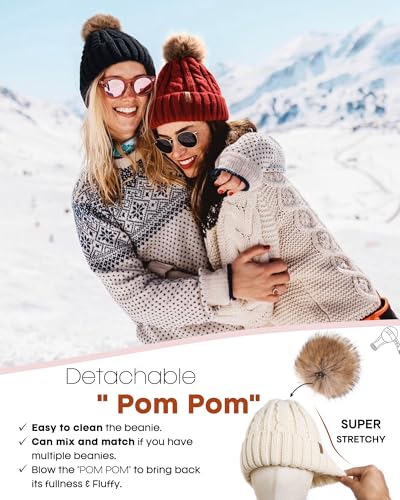FURTALK Winter Beanie Knit Hat for Women Warm Fleece Lined with Faux Fur Pom Poms Womens Thick Ski Hats Knitted Skull Cap Beige - Image 5