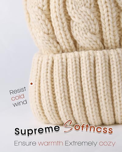 FURTALK Winter Beanie Knit Hat for Women Warm Fleece Lined with Faux Fur Pom Poms Womens Thick Ski Hats Knitted Skull Cap Beige - Image 4