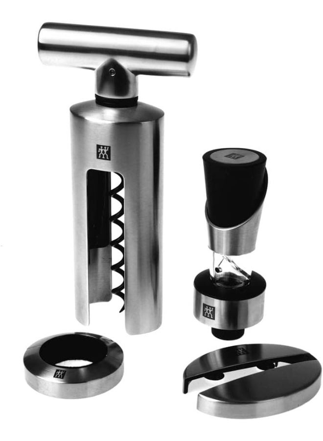 Zwilling Sommelier Set 4pcs. Matt finish Stainless Steel. Corkscrew with Non-stick coated Spindle. Set contains: Consists of: Corkscrew, Decanter, Drop Ring, and Foil Cutter. - Image 1