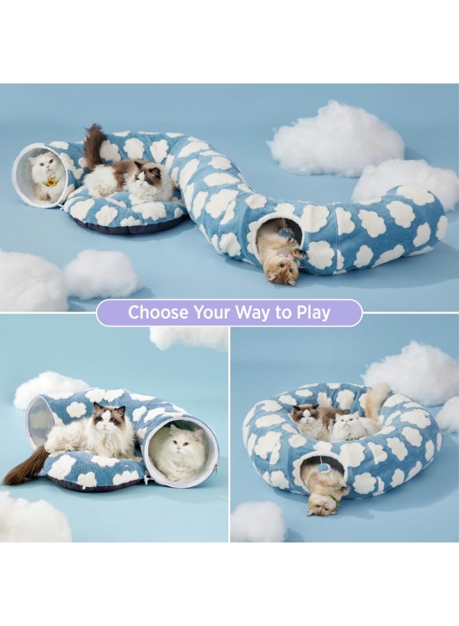 MonaPlay Cat Tunnel Bed with Soft Plush Cushion, 2-in-1 Cat Tunnel and Bed for Indoor Cats, Foldable Cat Toys with Cloud Pattern, Cozy Hideaway for Kittens, Rabbits, and Small Dogs - Image 2