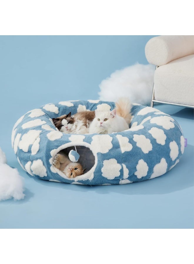 MonaPlay Cat Tunnel Bed with Soft Plush Cushion, 2-in-1 Cat Tunnel and Bed for Indoor Cats, Foldable Cat Toys with Cloud Pattern, Cozy Hideaway for Kittens, Rabbits, and Small Dogs - Image 1