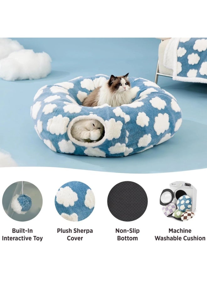 MonaPlay Cat Tunnel Bed with Soft Plush Cushion, 2-in-1 Cat Tunnel and Bed for Indoor Cats, Foldable Cat Toys with Cloud Pattern, Cozy Hideaway for Kittens, Rabbits, and Small Dogs - Image 3