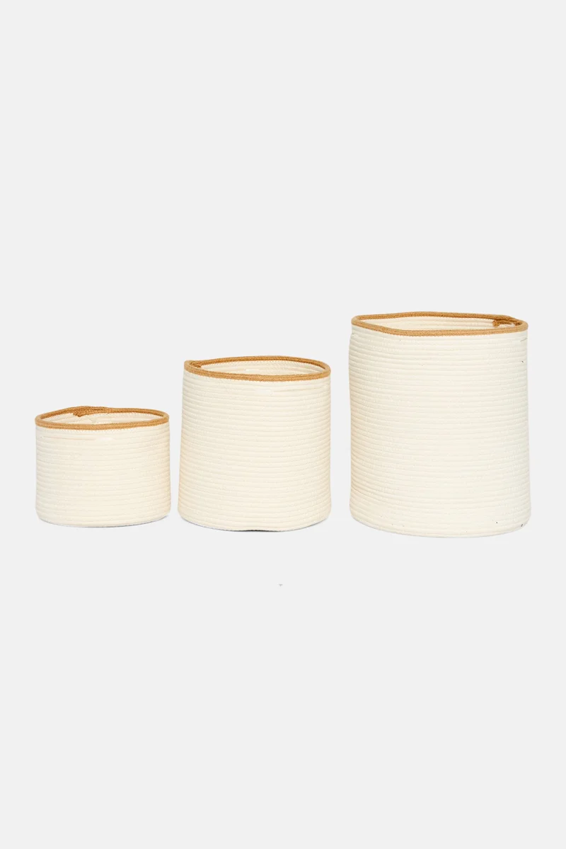 موي موتشو 3 Pcs Cotton Basket With Handle Set, Off White