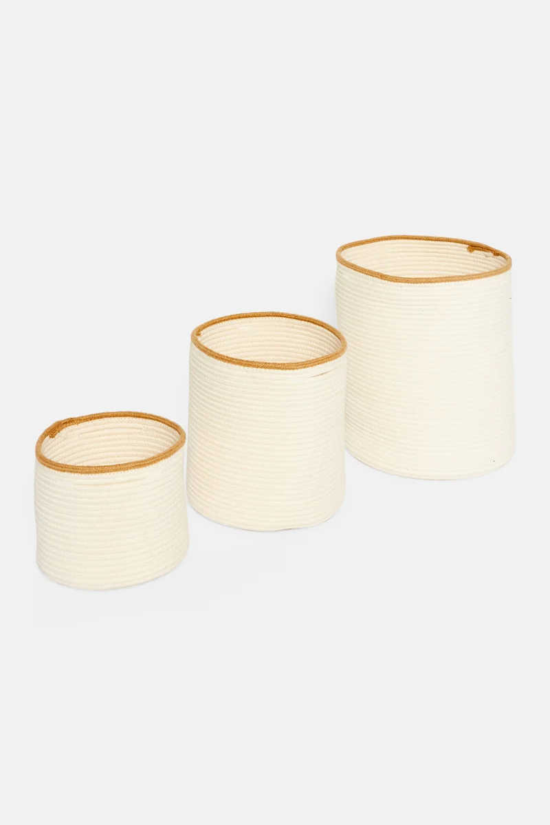 موي موتشو 3 Pcs Cotton Basket With Handle Set, Off White
