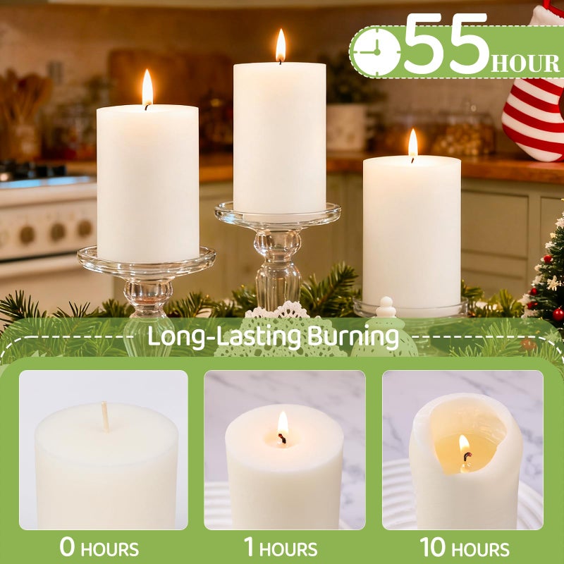 MAKALONE 4 Pack Soy White Pillar Candles,Natural Soybean Pillar Candles,55 H Long Lasting Burning-Unscented,Dripless and Smokeless Rustic White Hand-Poured Candles Dinner Table,for Wedding,Home Decor 2.8x4in - Image 3