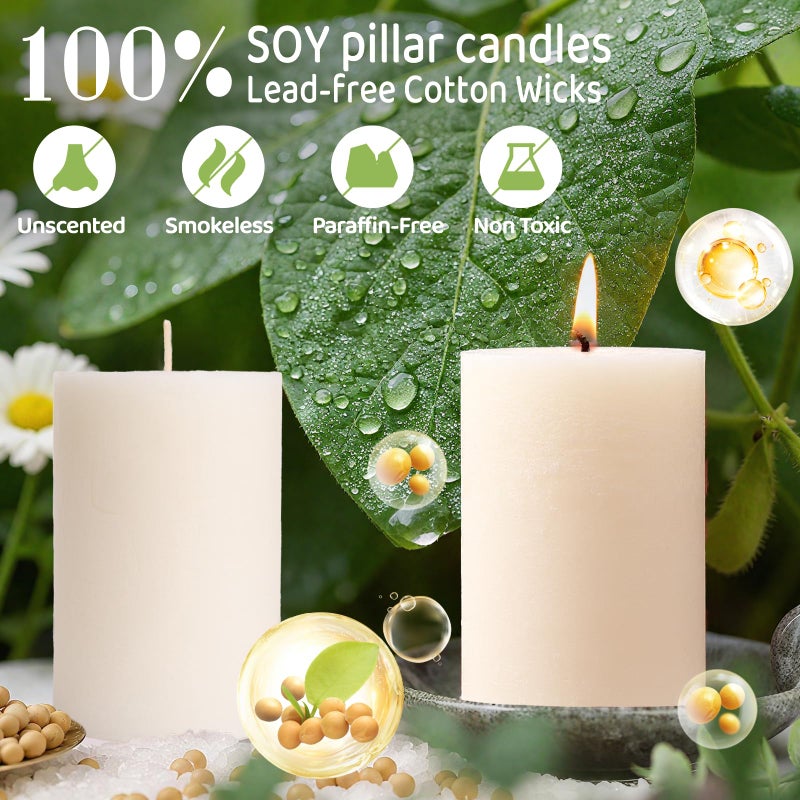 MAKALONE 4 Pack Soy White Pillar Candles,Natural Soybean Pillar Candles,55 H Long Lasting Burning-Unscented,Dripless and Smokeless Rustic White Hand-Poured Candles Dinner Table,for Wedding,Home Decor 2.8x4in - Image 5