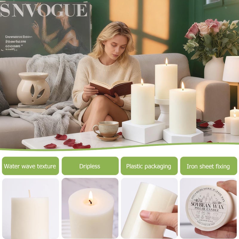 MAKALONE 4 Pack Soy White Pillar Candles,Natural Soybean Pillar Candles,55 H Long Lasting Burning-Unscented,Dripless and Smokeless Rustic White Hand-Poured Candles Dinner Table,for Wedding,Home Decor 2.8x4in - Image 4