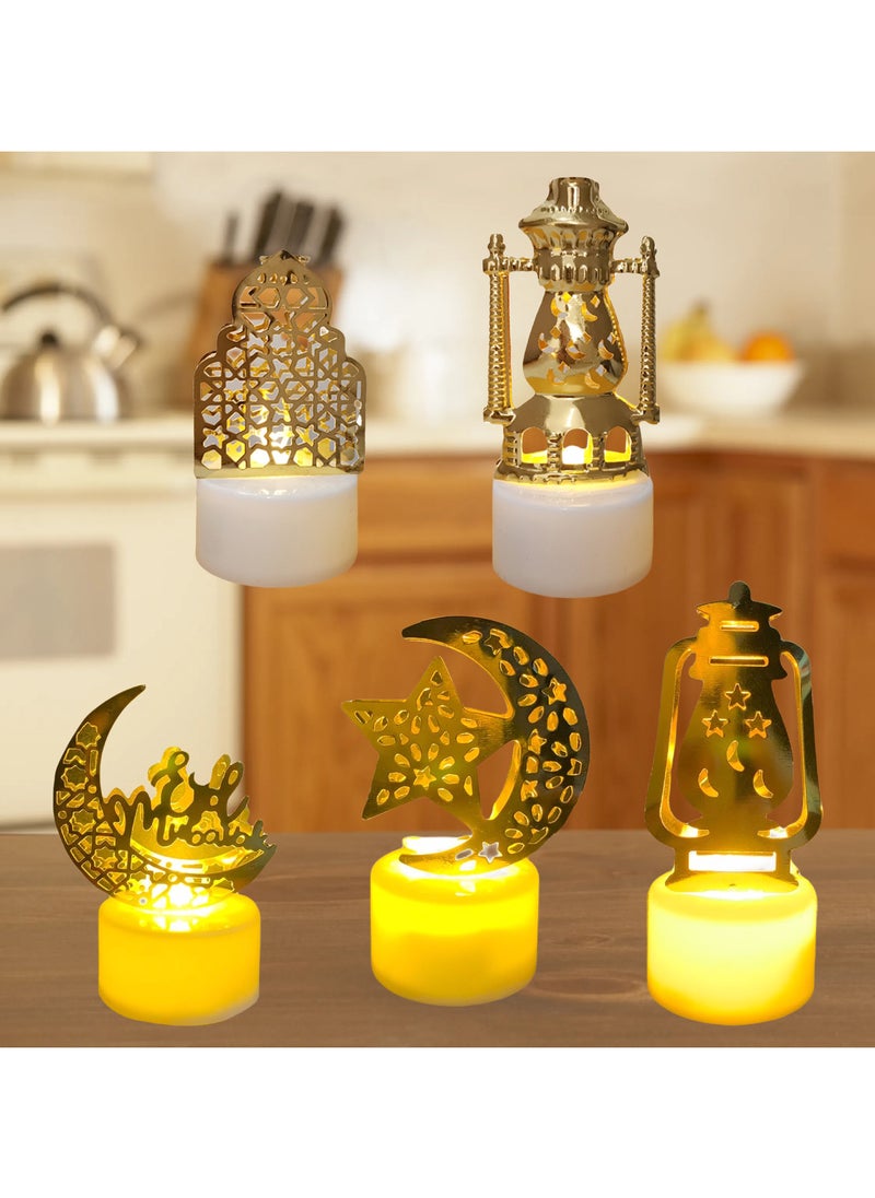 AUTOYSUR 5Pcs Ramadan Mini Lantern Lights Decoration, Moon Castle Lighthouse Eid Mubarak Lamp Battery Included Plastic LED Night Light for Eid Ramadan Party Home Indoor Outdoor Bedroom Tabletop Decor  - Image 2