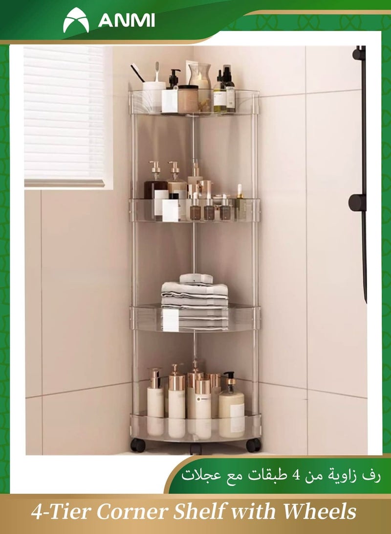 Anmi 4-Tier Corner Shelf with Wheels, Movable Storage Rack for Kitchen, Bathroom & Living Room | Stainless Steel & Plastic Stand - Image 1