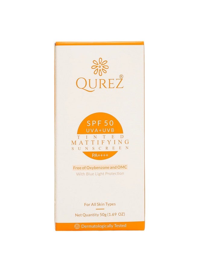 Qurez Spf 50 Tinted Mattifying Sunscreen Matte No White Cast Broad Spectrum Blue Light Protection Pa+++ Uv A Uv B For Glowing & Well Protected Skin Cream 50G - Image 2