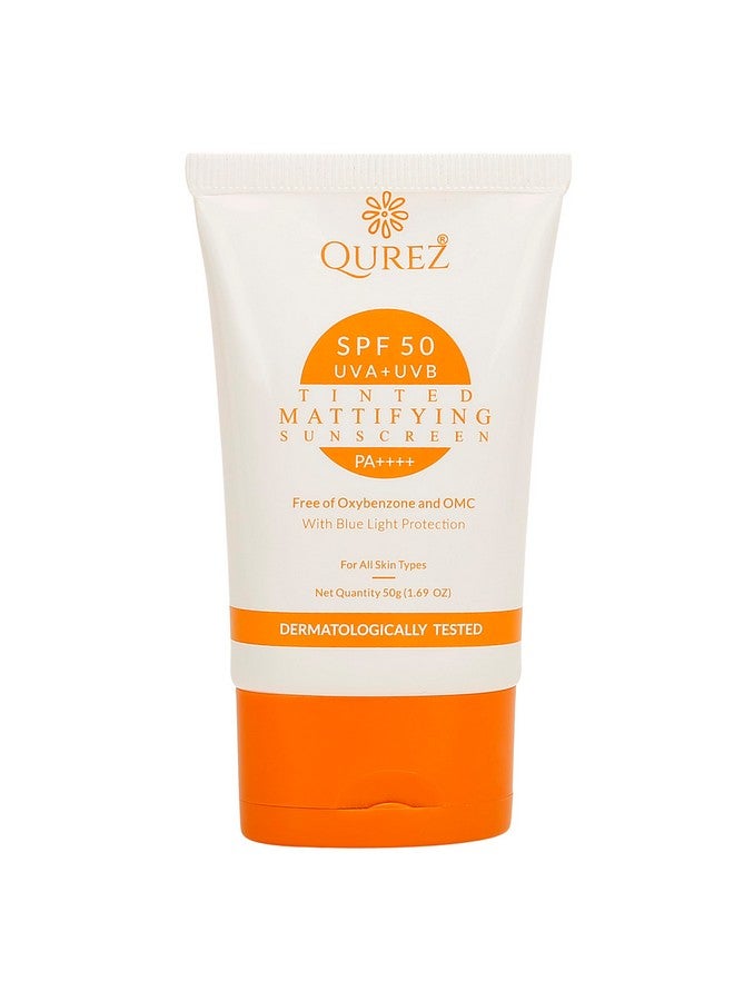 Qurez Spf 50 Tinted Mattifying Sunscreen Matte No White Cast Broad Spectrum Blue Light Protection Pa+++ Uv A Uv B For Glowing & Well Protected Skin Cream 50G - Image 1