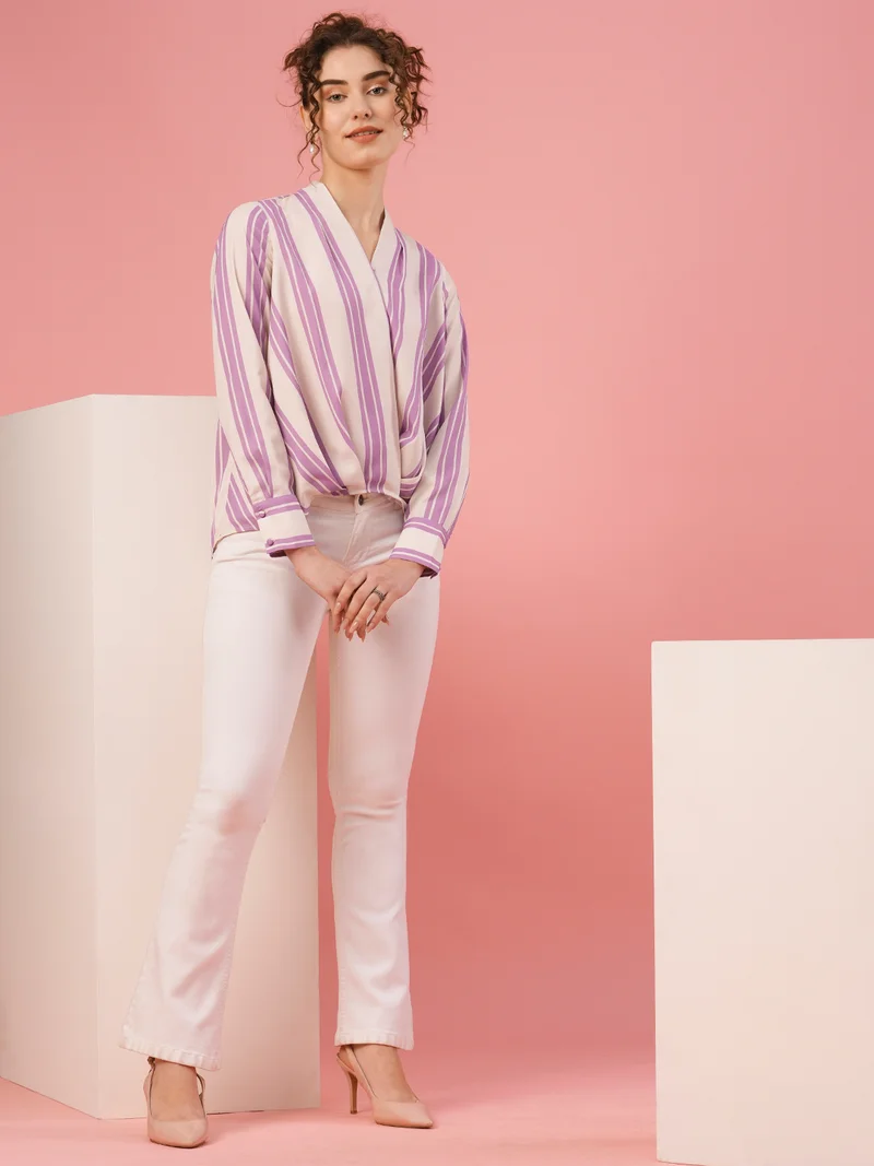 globus Women Striped Wrap Cuffed Sleeves Casual Top