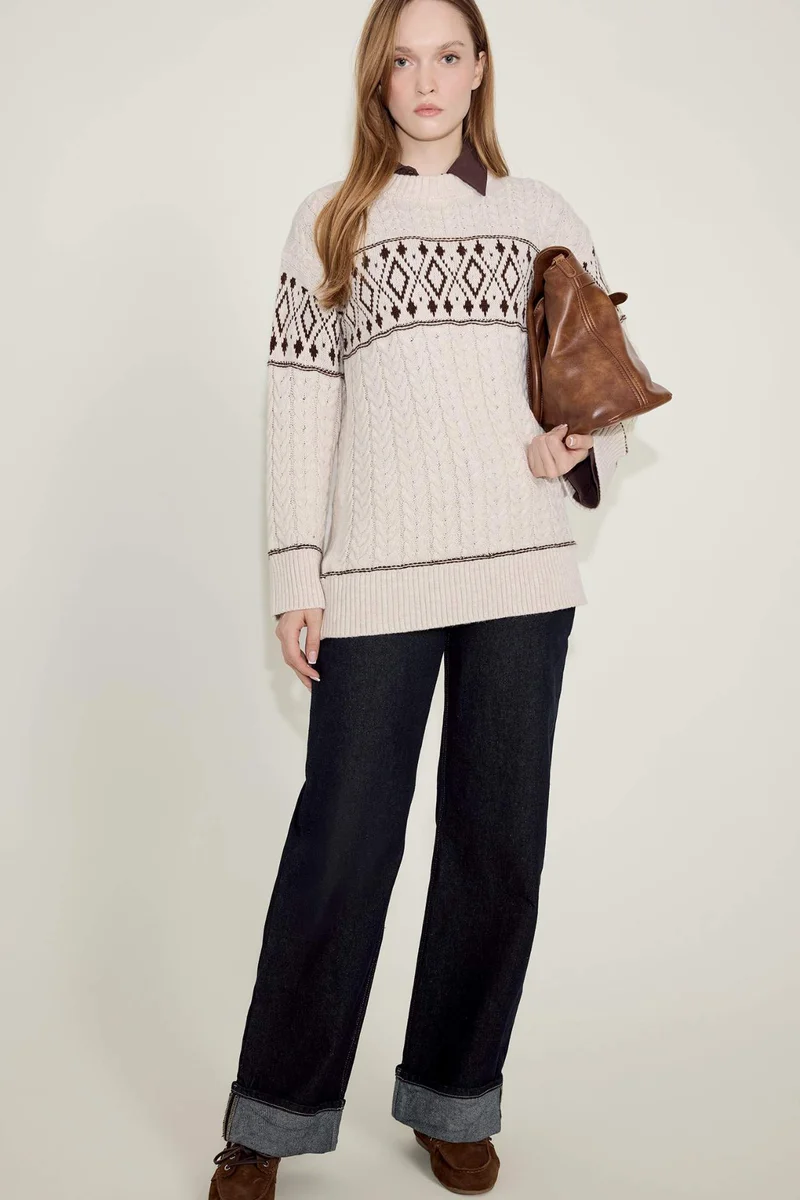 ديفاكتو Regular Fit Crew Neck Patterned Knit Pullover Tunic