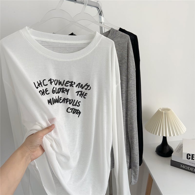 Korean Style Lazy Style Sun Protection T-Shirt For Women Letter Print Loose Off-Shoulder Versatile Long-Sleeved Top - Image 3