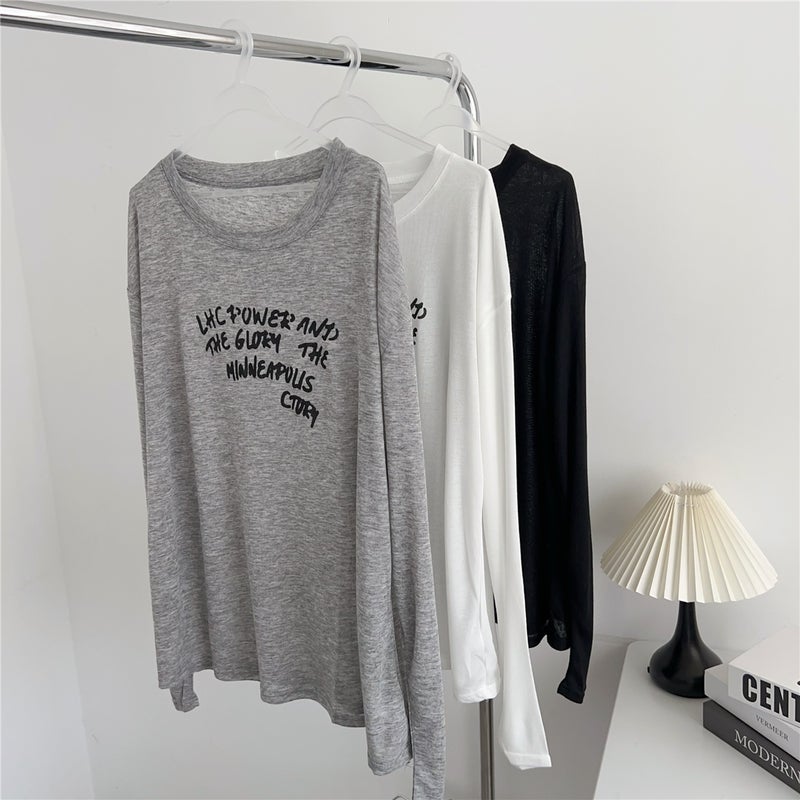 Korean Style Lazy Style Sun Protection T-Shirt For Women Letter Print Loose Off-Shoulder Versatile Long-Sleeved Top - Image 2