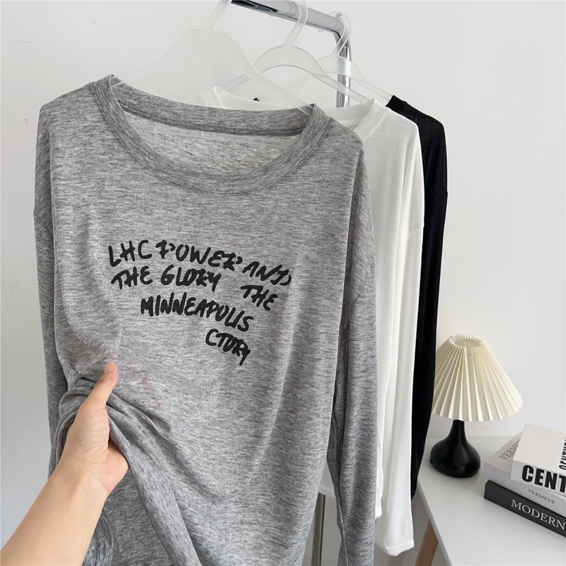Korean Style Lazy Style Sun Protection T-Shirt For Women Letter Print Loose Off-Shoulder Versatile Long-Sleeved Top - Image 4