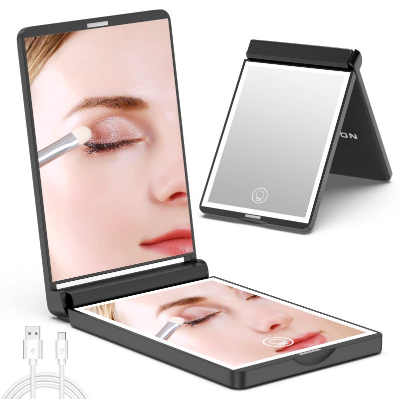 مرآة السفر القابلة للطي Wobsion 300 بزاوية 300 درجة مع 23 LED قابلة للتعتيم تعمل باللمس قابلة للشحن مع مفتاح مغناطيسي باللون الأسود